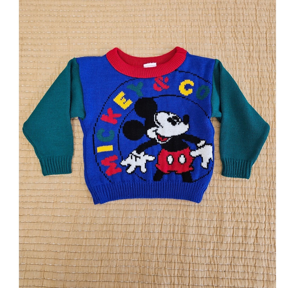 Vintage Mickey & Co Disney Colorblock Knit Sweater Toddler 2T Blue Green Red USA